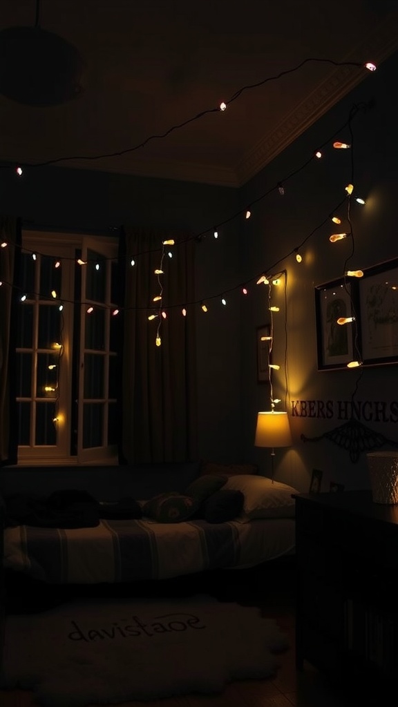 A dark bedroom with colorful fairy lights hanging from the ceiling, creating a cozy and whimsical atmosphere.