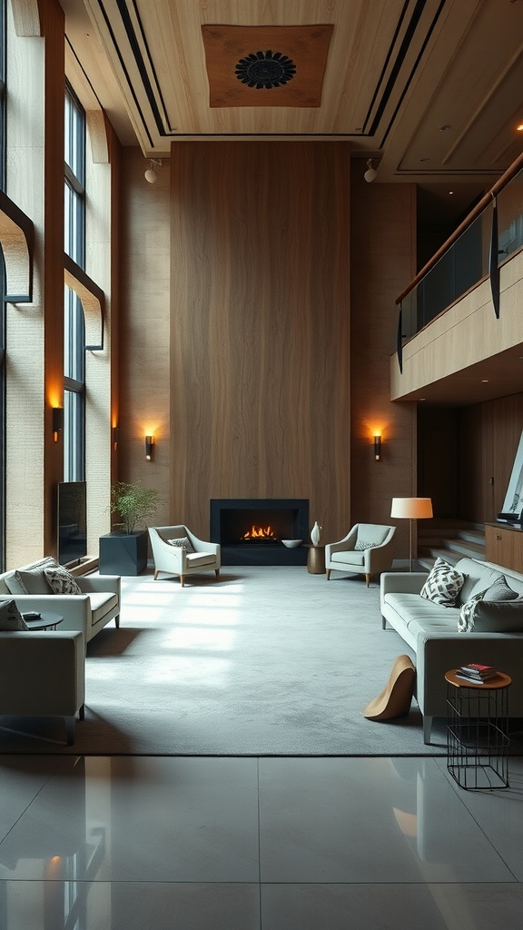 A spacious living room with spotlights highlighting wooden walls and ceilings