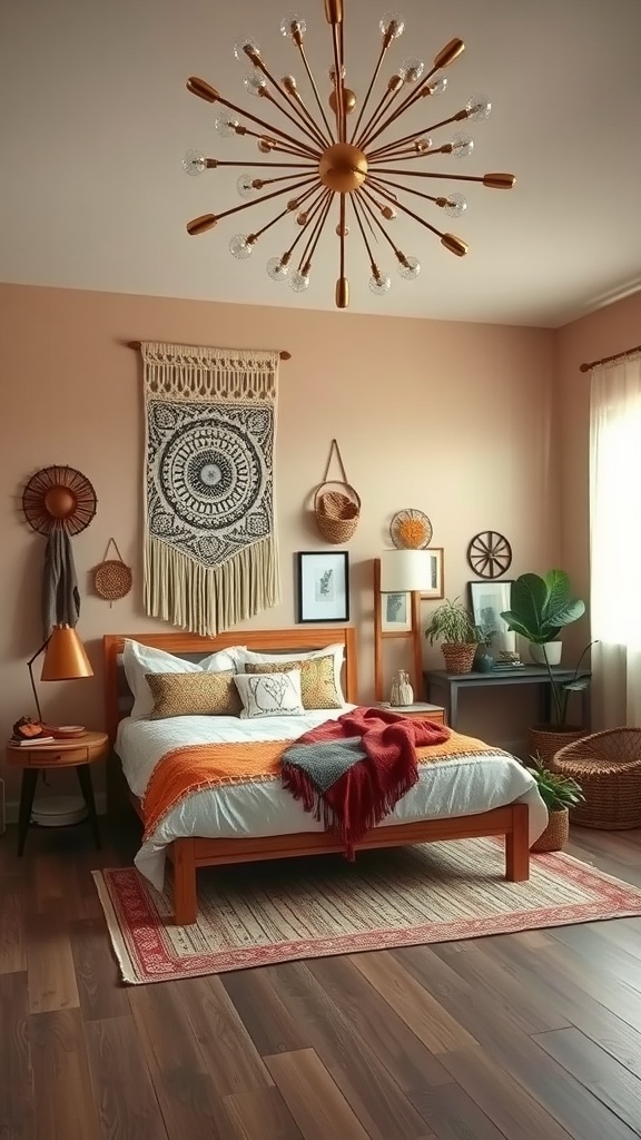 A cozy bedroom featuring a Sputnik chandelier with warm metallic tones, soft peach walls, and Boho decor elements.