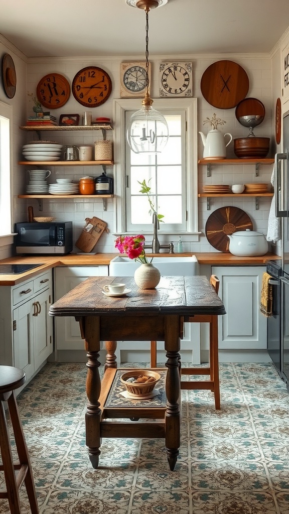 A rustic second-hand table in a cozy kitchen, surrounded by wooden shelves and decorative items.