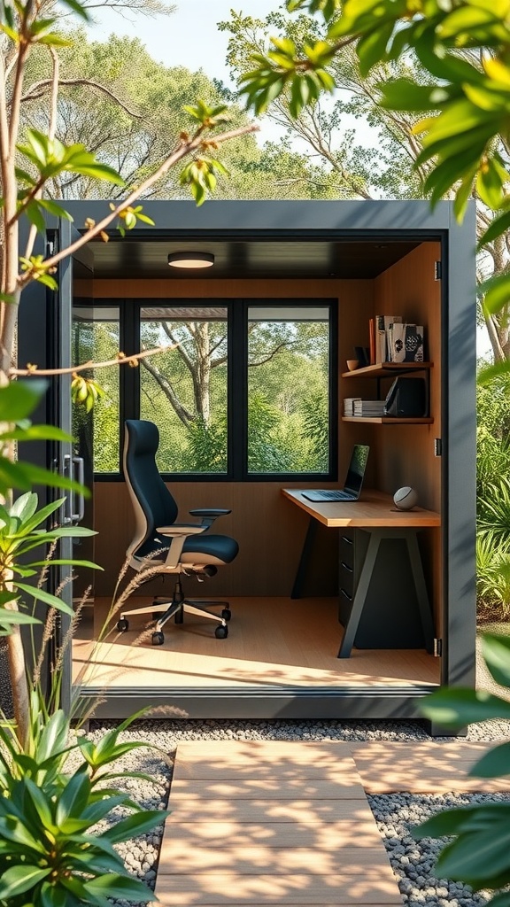 A cozy stand-alone pod office surrounded by greenery, featuring a desk and a comfortable chair.