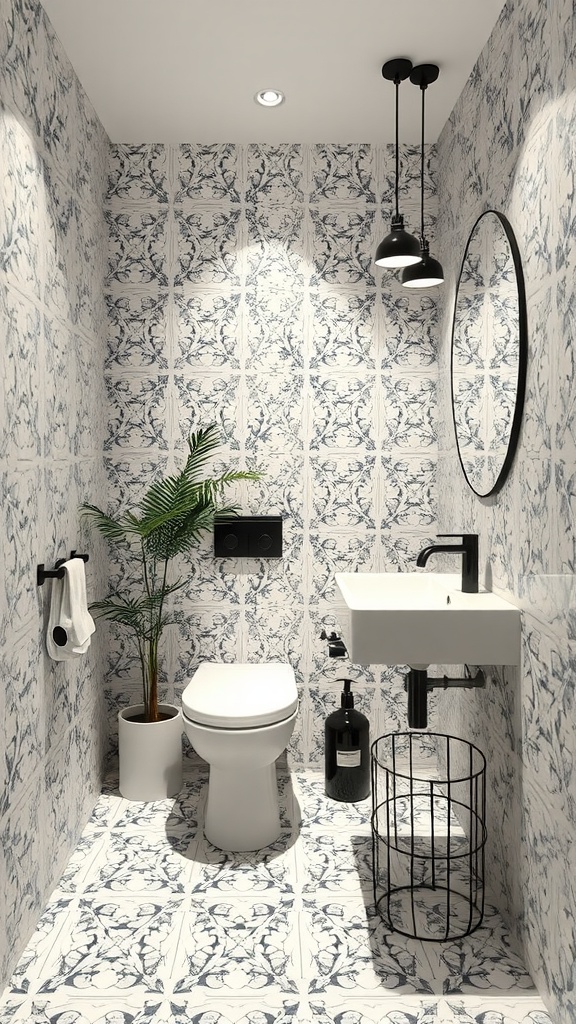 Small bathroom featuring Neapolitan terrazzo tiles on walls and floor, with modern fixtures and plants.