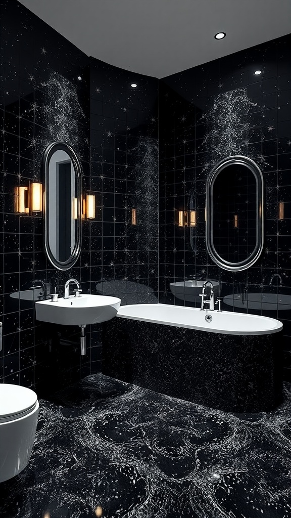 A modern bathroom featuring starry dark glitter tiles on the walls and floor, a freestanding bathtub, and stylish lighting.