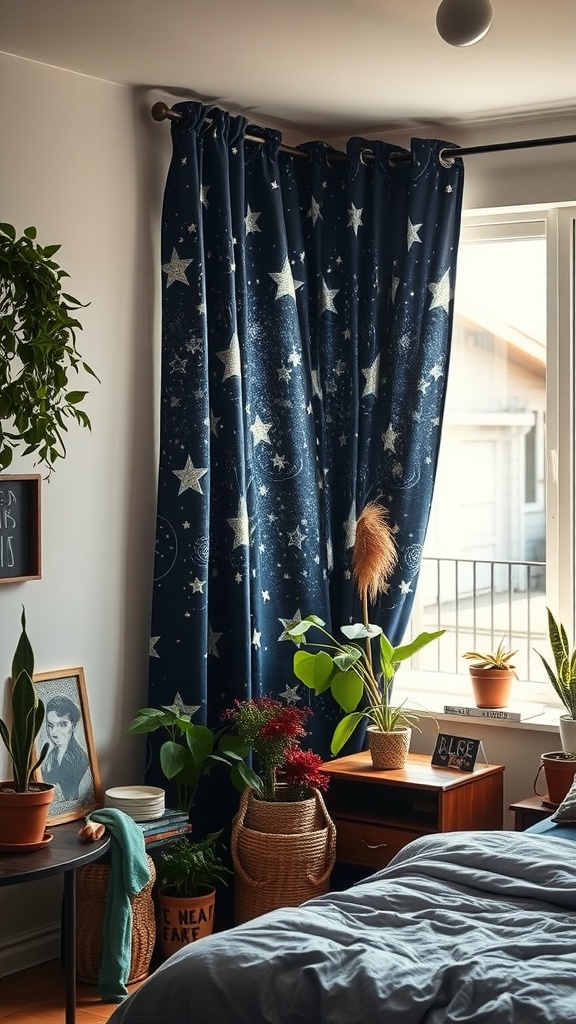 A cozy bedroom with starry night curtains, plants, and wooden furniture