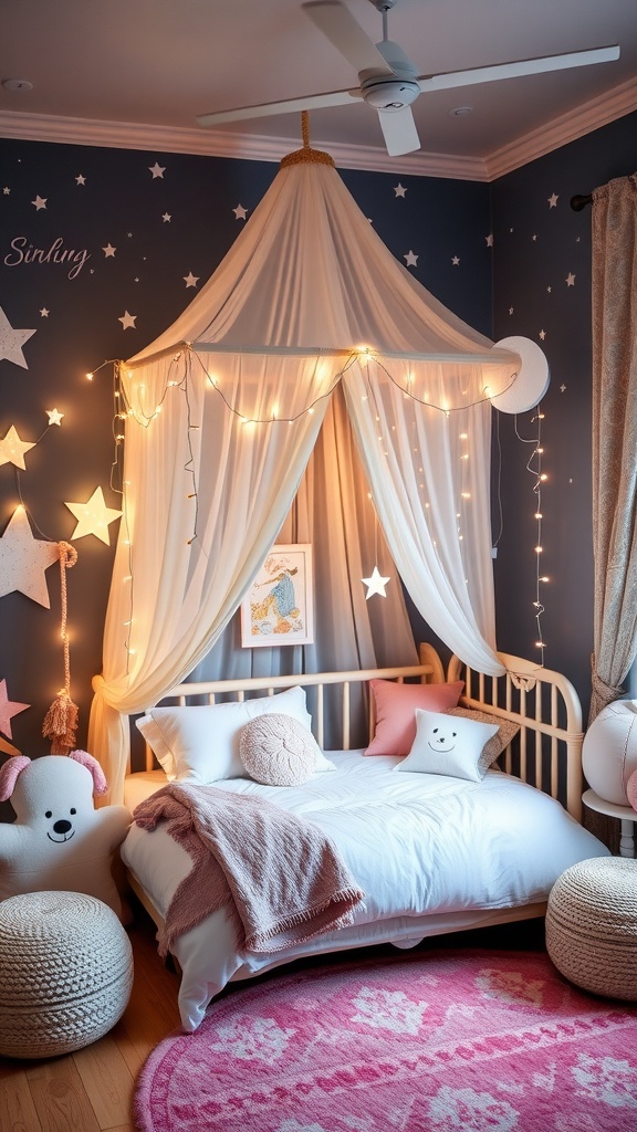 A cozy toddler bedroom with a starry night theme featuring blue walls, a white bed, soft pillows, and fairy lights.