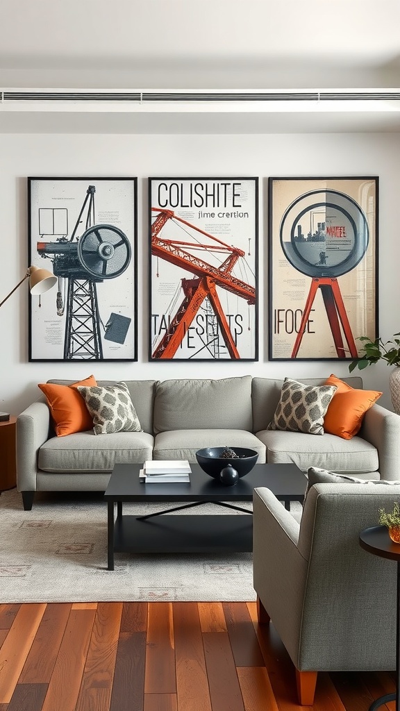 A stylish industrial living room featuring statement artwork with machinery designs.