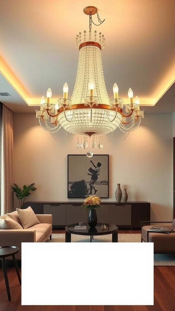 An elegant statement chandelier hanging in a stylish living room with warm lighting.