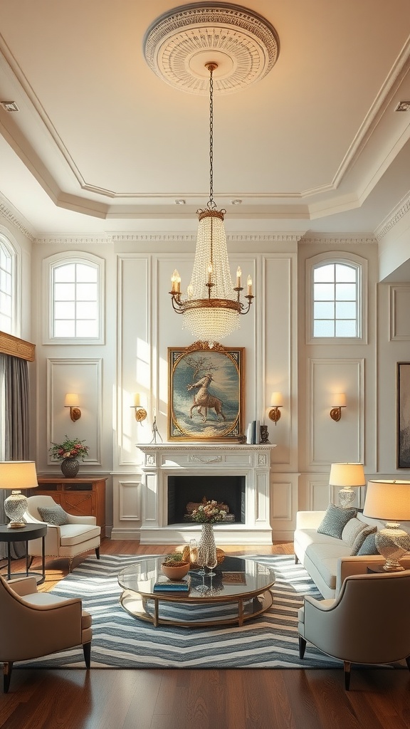 Elegant living room with a statement chandelier and light-colored furnishings