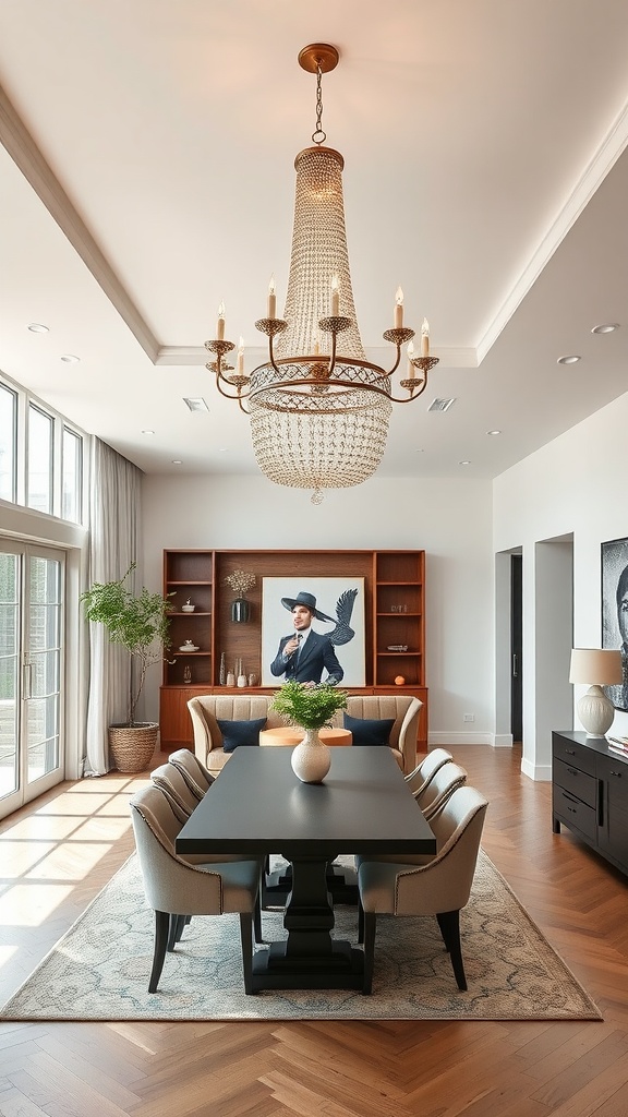 A beautiful chandelier hanging over a dining table in an open kitchen and living space, creating a focal point.