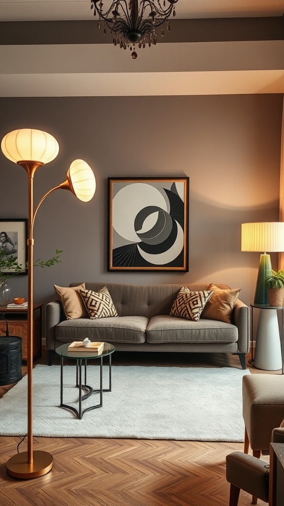 A stylish living room featuring a modern floor lamp in Art Deco style, complemented by a cozy sofa and contemporary decor.