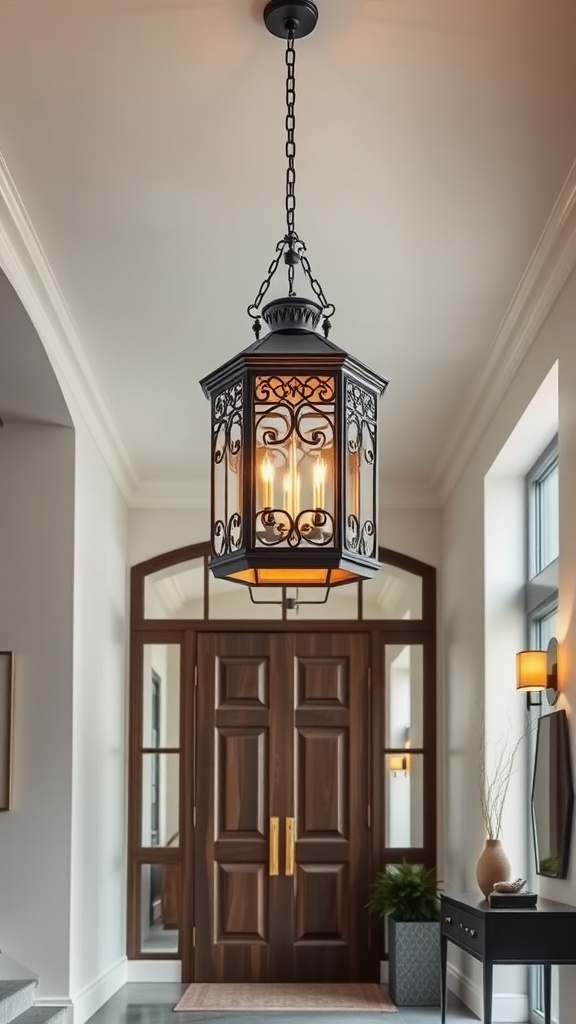 Stylish lantern hanging in a modern foyer.