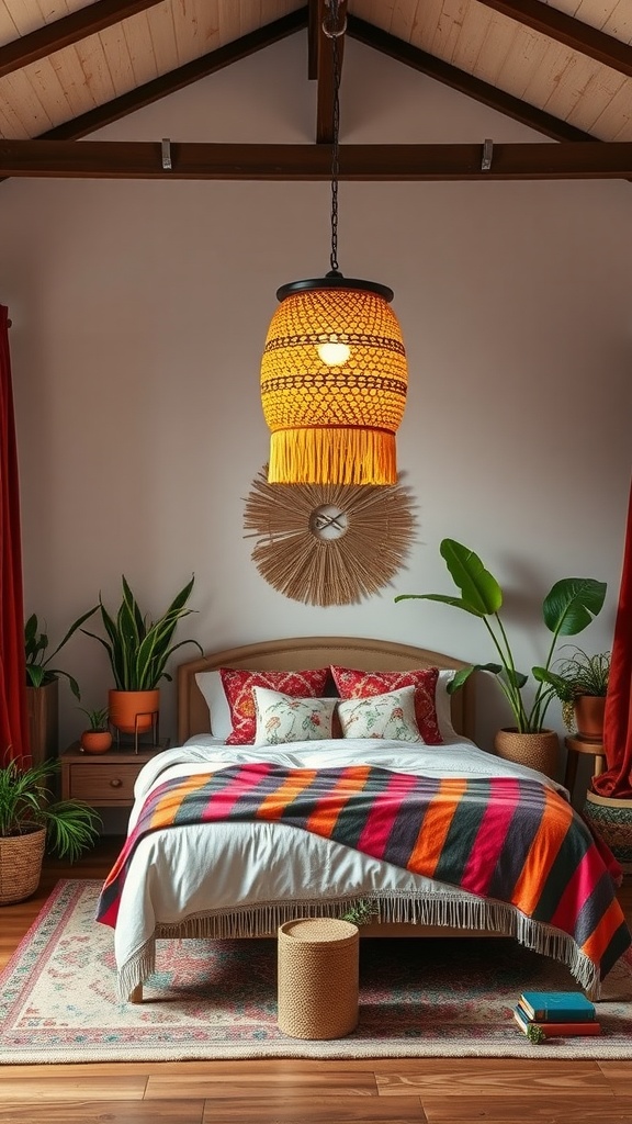 A cozy boho style apartment bedroom with a colorful pendant light and vibrant bedding.