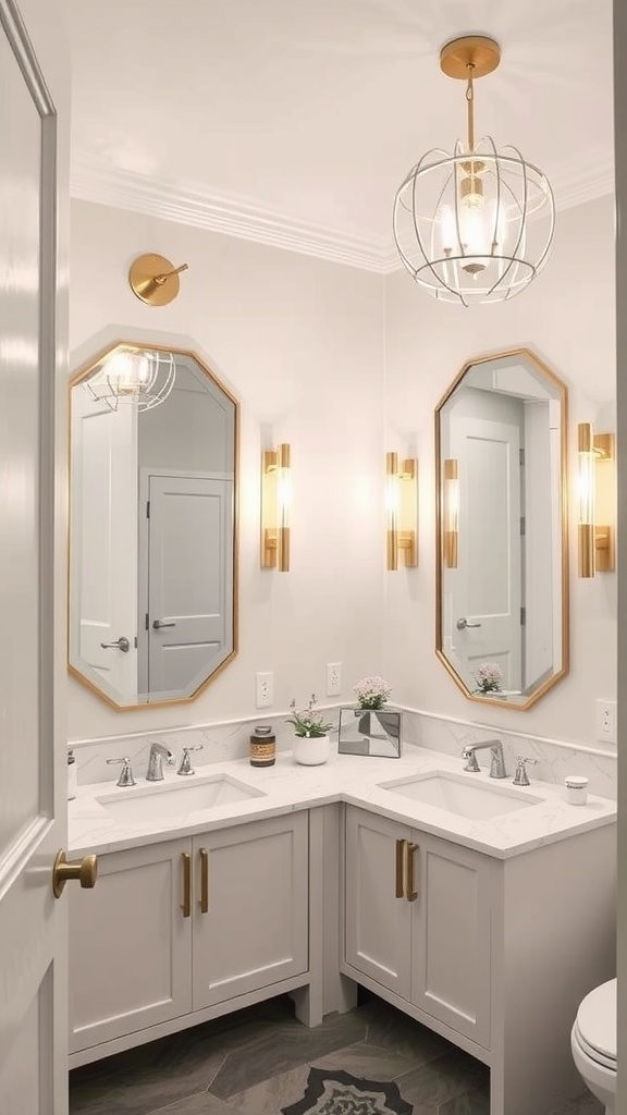 A modern transitional bathroom featuring statement lighting with gold accents and elegant fixtures.