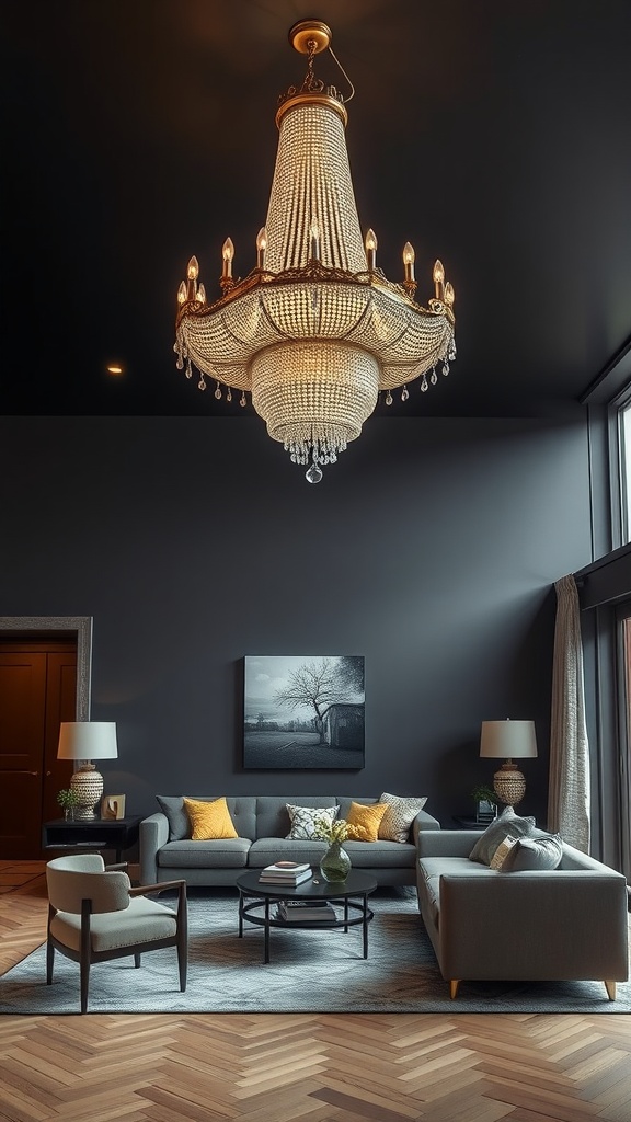 A luxurious chandelier hanging in a dark-themed living room, featuring elegant design and warm lighting.