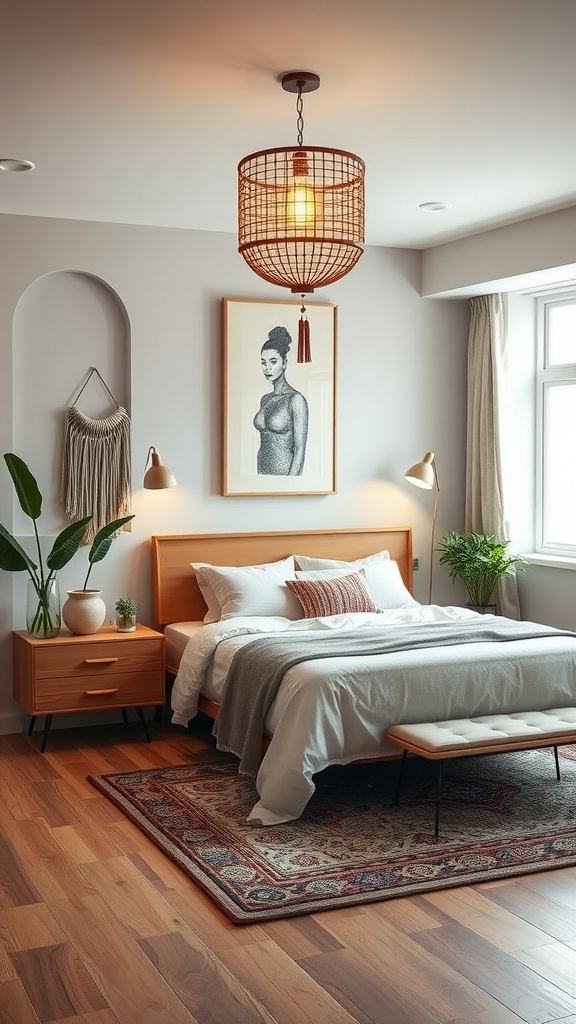 A Boho Mid-Century Modern bedroom featuring a woven statement light fixture, wooden furniture, and plants.