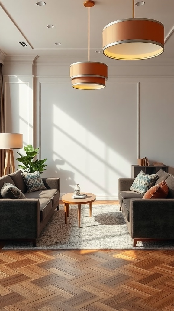 Brutalist living room with concrete and velvet furnishings, featuring modern lighting fixtures.