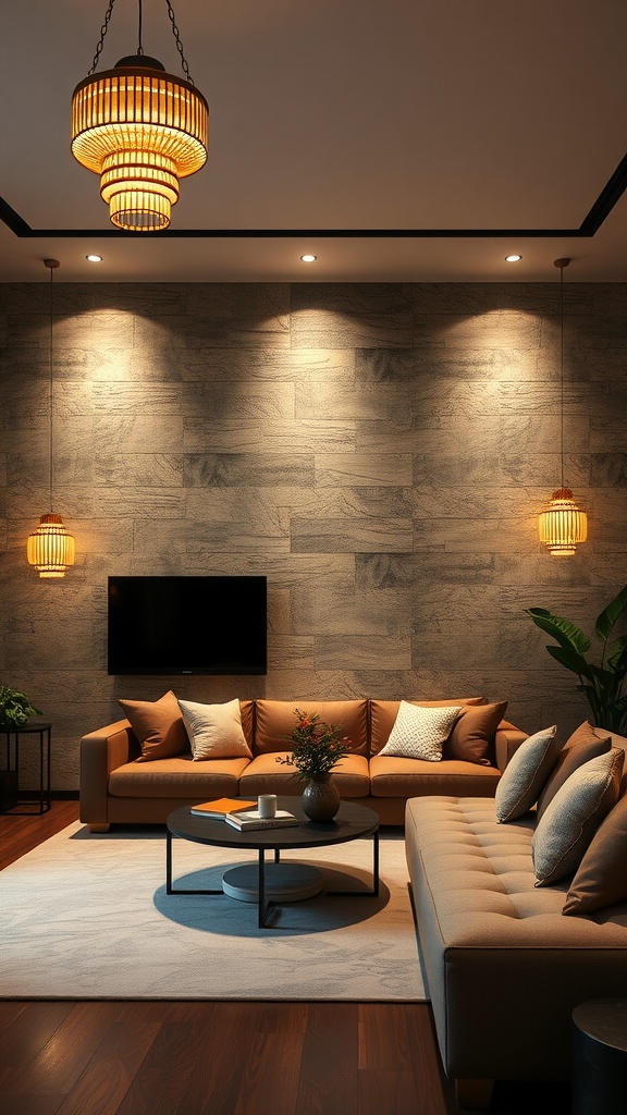 A cozy living room showcasing warm lighting fixtures against a textured wall, embodying contemporary Japandi design.