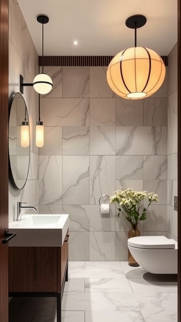 A modern bathroom featuring statement lighting fixtures with Japanese aesthetics.