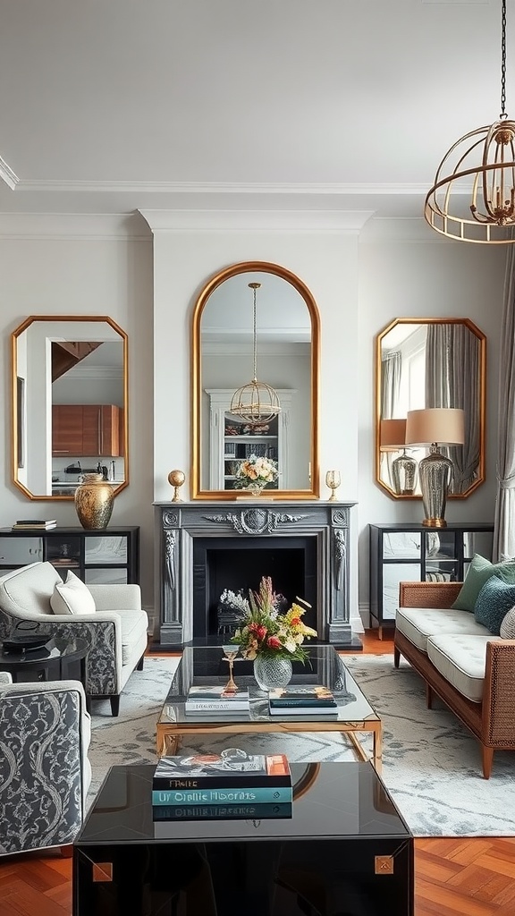 A stylish living room featuring Art Deco and contemporary elements, with statement mirrors and glass furnishings.
