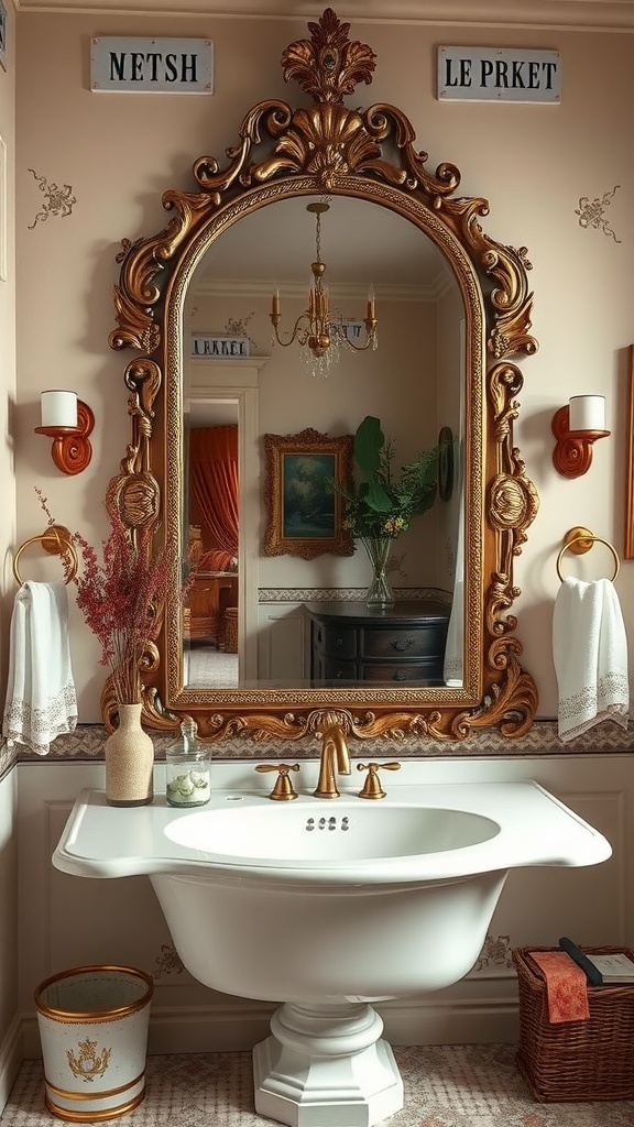 A luxurious bathroom mirror with an ornate golden frame above a white sink.