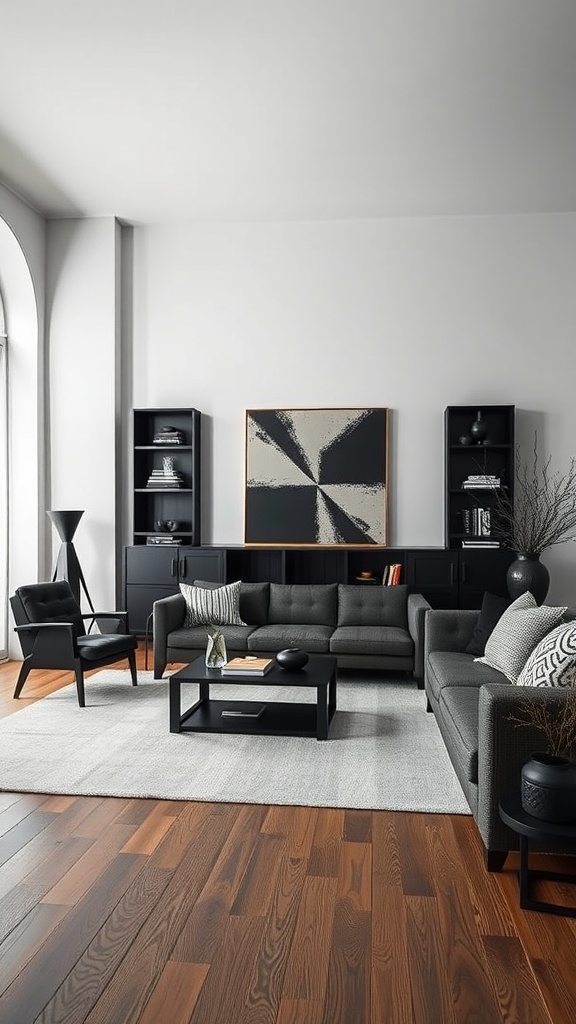 A modern living room with Gothic elements featuring a gray sofa, black chairs, and bold artwork on the wall.
