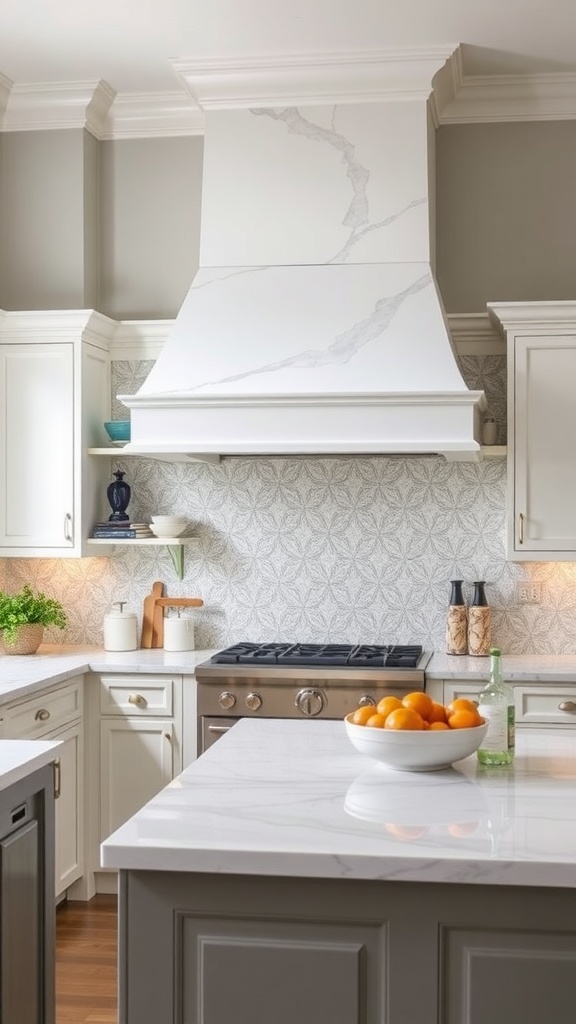 A rustic modern kitchen with a wooden range hood, white cabinetry, and gold fixtures.