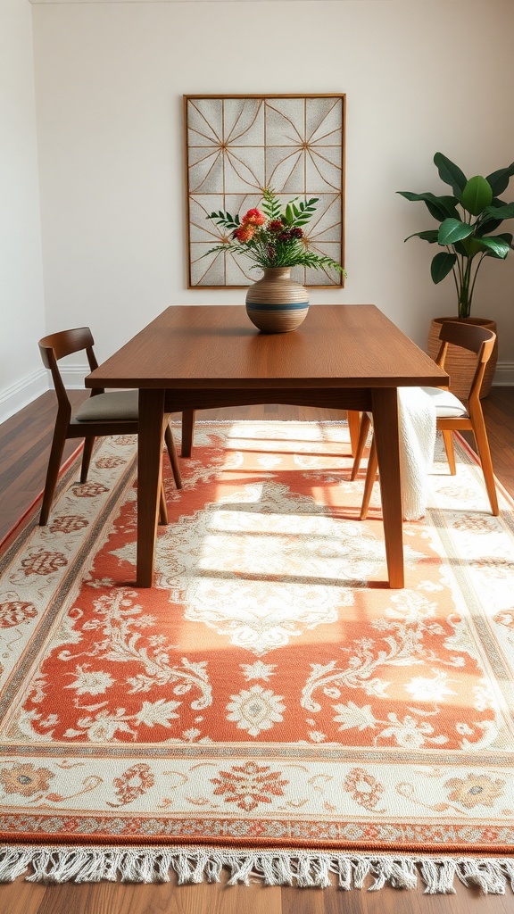 Luxurious Italian dining room featuring a beautifully designed rug under a wooden dining table