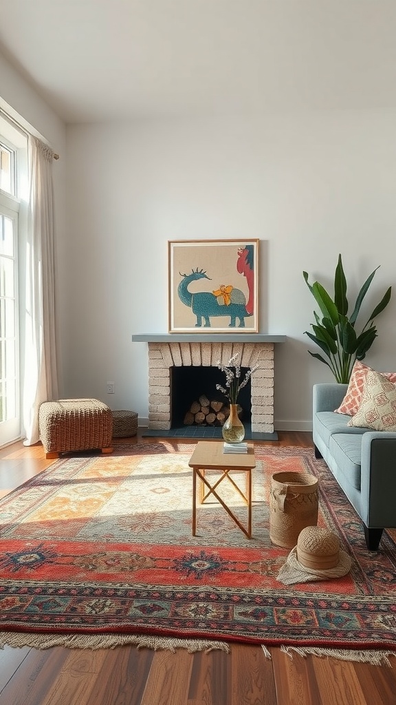 A modern living room showcasing a rustic statement rug with a cozy couch, fireplace, and decorative accents.