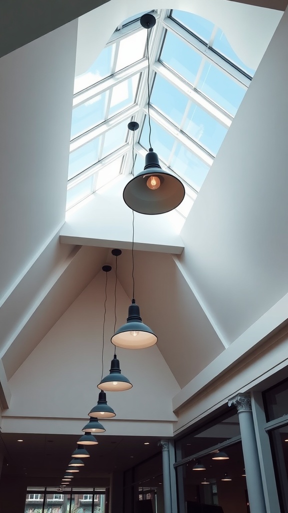 Stylish pendant lights hanging from a vaulted ceiling with a skylight