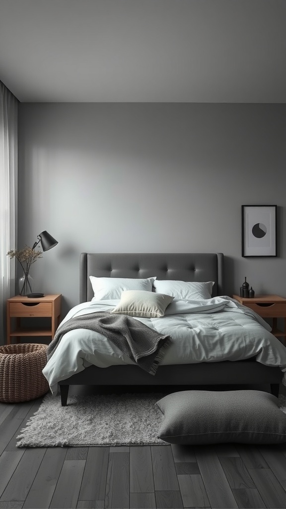 A dark and moody bedroom with ash-colored walls, a cozy bed, and minimalist decor.
