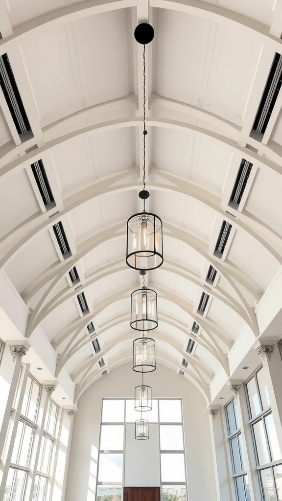 Interior view of a room with steep vaulted ceiling and modern hanging lights