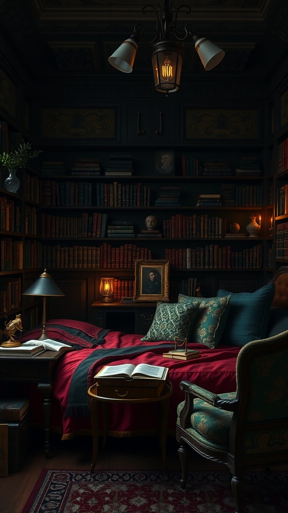 A cozy Dark Academia bedroom featuring a rich color palette of deep reds and dark greens, adorned with bookshelves and vintage decor.