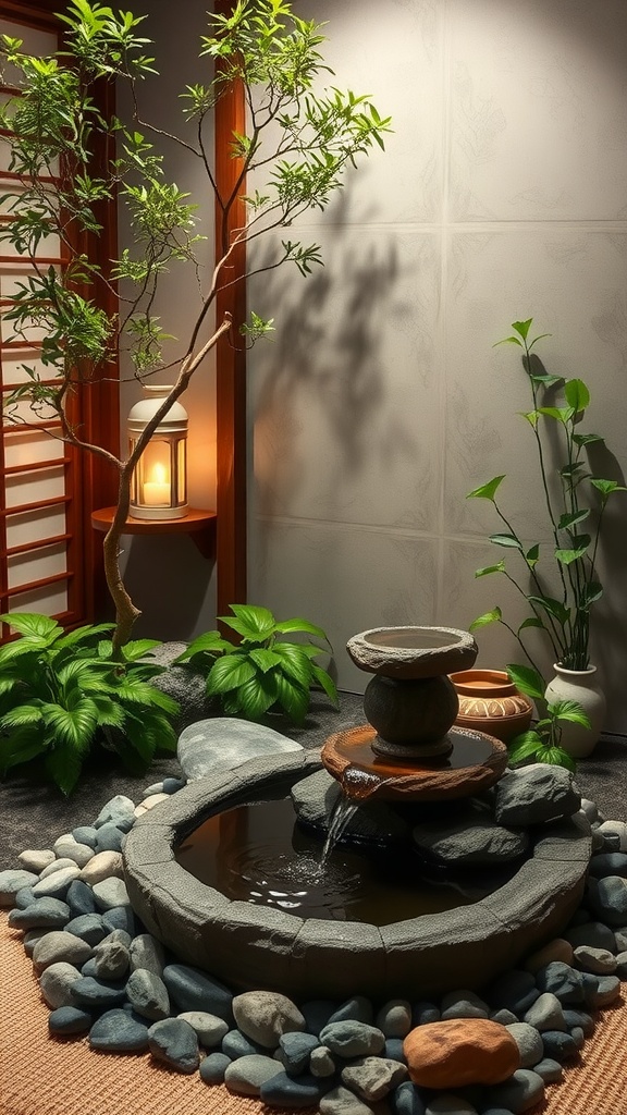 A serene stone fountain surrounded by greenery and smooth pebbles, creating a calming atmosphere.