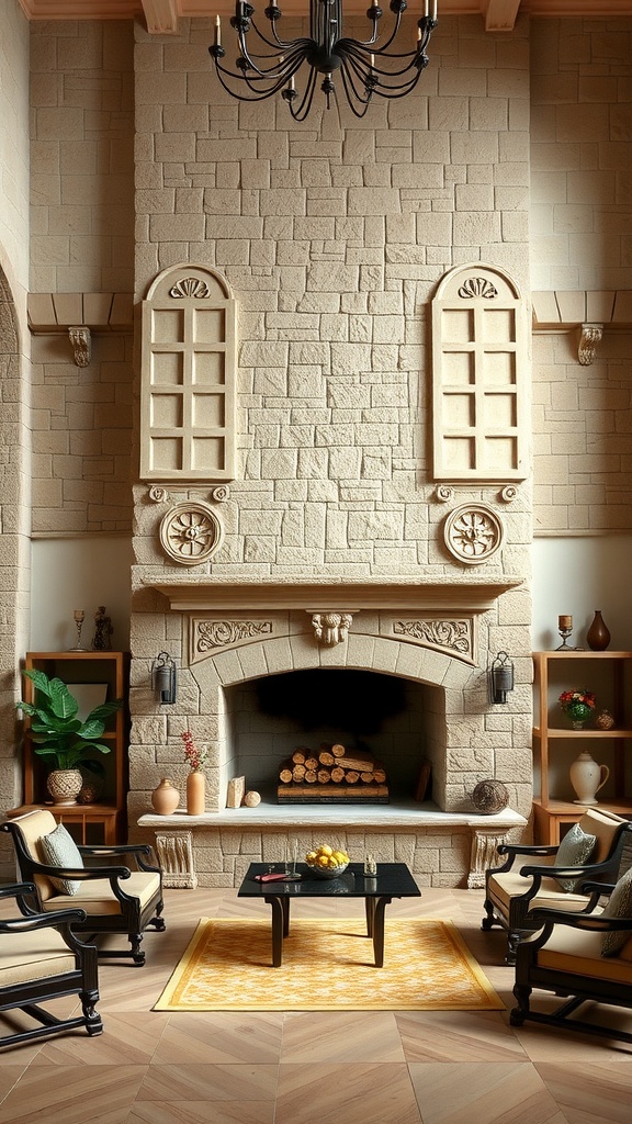 A living room with a stone fireplace, elegant chandelier, and stylish seating, showcasing a fusion of Mediterranean and Gothic design.