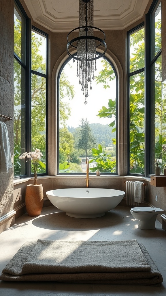 A luxurious bathroom featuring a freestanding tub, large windows with a garden view, and elegant decor.