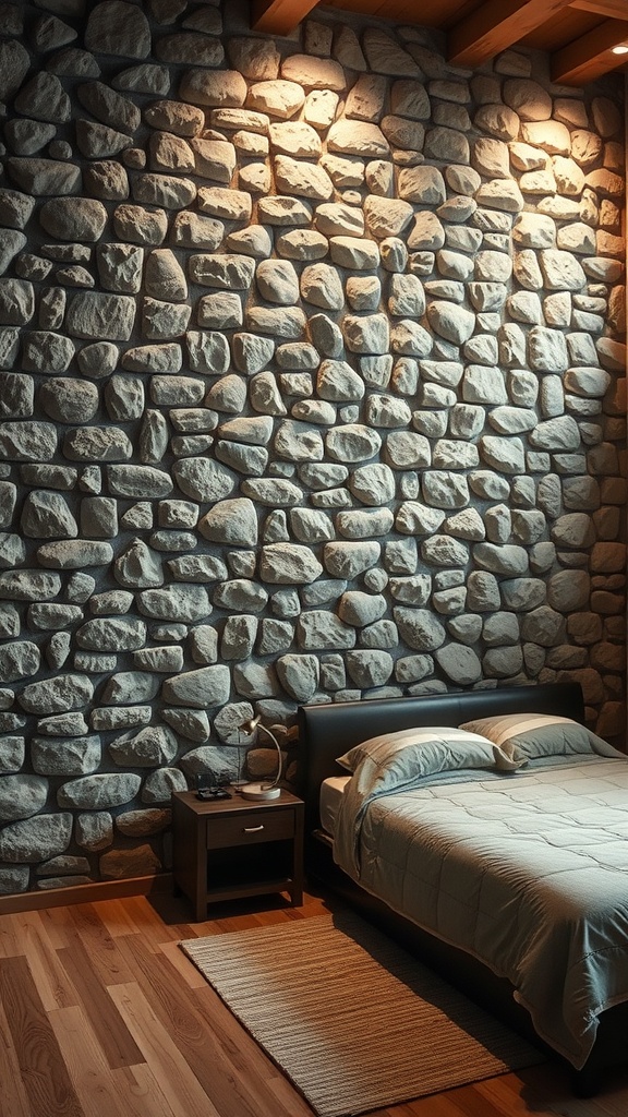 Cozy bedroom with a prominent stone wall feature.