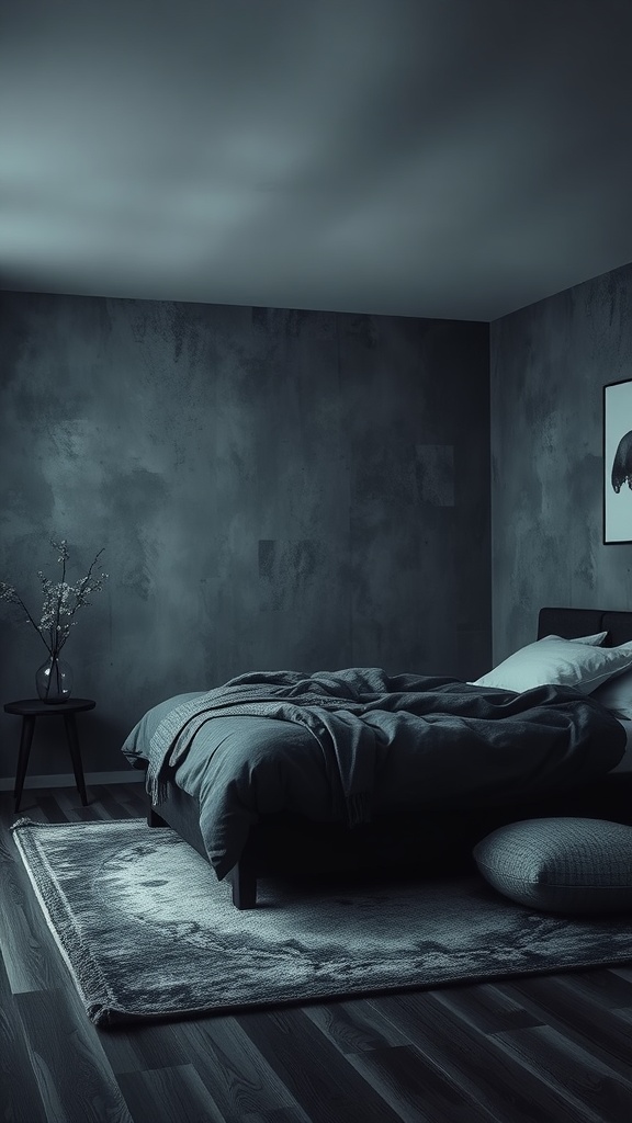 A dark and moody bedroom with grey walls and bedding, featuring a small table with flowers.