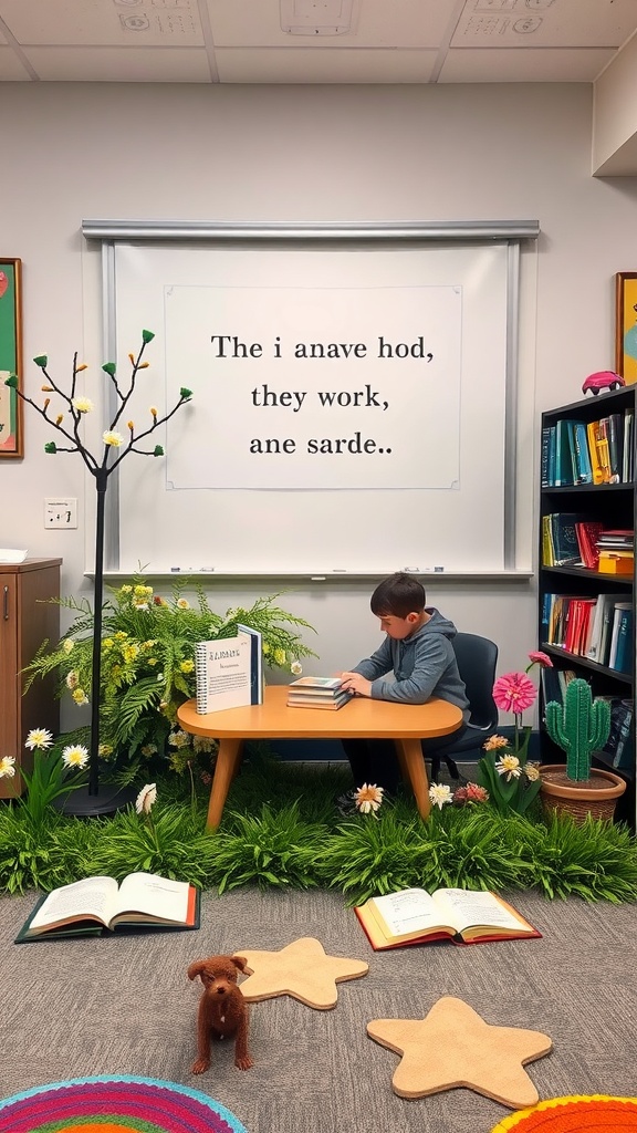 Cozy classroom reading corner with plants, books, and a child reading at a table.