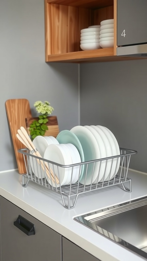 A compact dish rack with neatly organized plates and hanging kitchen tools in a small kitchen.