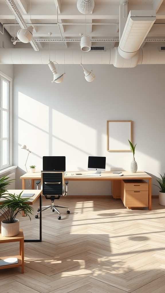 A bright and minimalist small office with wooden furniture, plants, and modern technology.