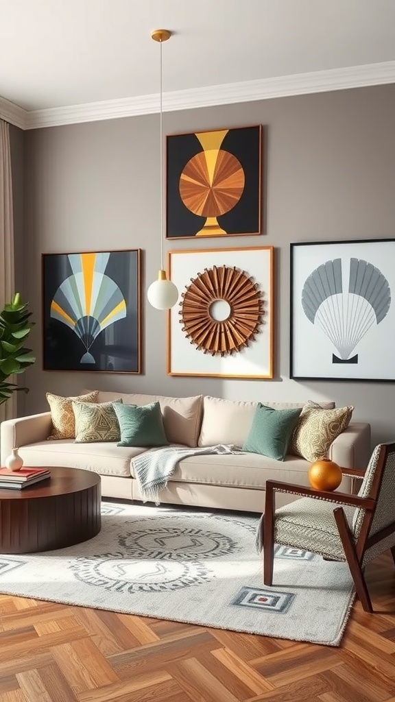 A stylish living room featuring Art Deco and contemporary artwork on the walls, with a plush sofa and wooden furniture.