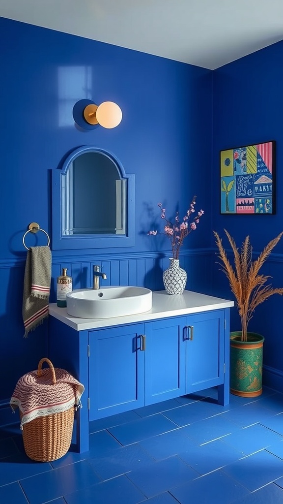 A striking cobalt blue bathroom featuring blue walls, cabinetry, and flooring, with white fixtures and colorful decor.