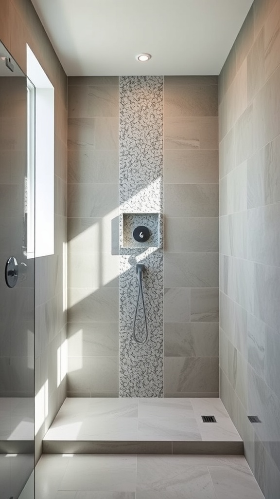 Walk-in shower with a stripe of rough tile in the center, surrounded by smooth light-colored tiles.