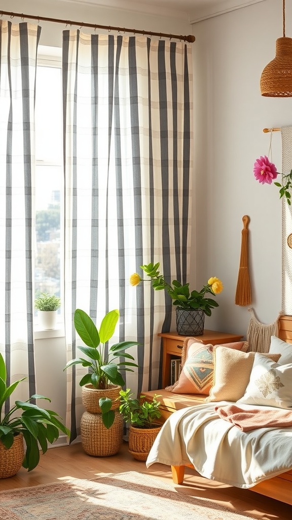 Image showing striped cotton curtains in a boho themed bedroom with plants and wooden furniture.