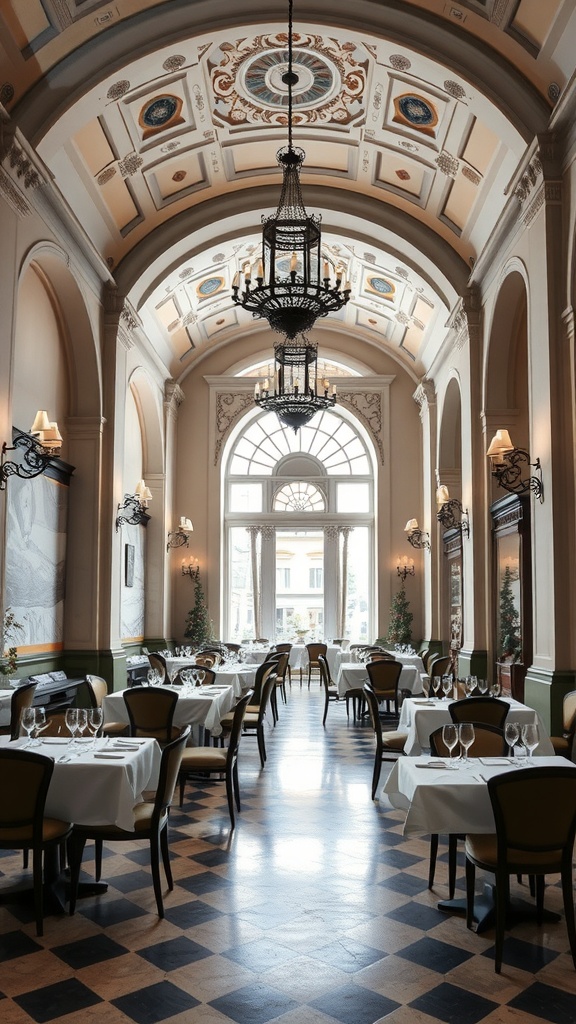 Luxurious Italian dining room with high ceilings, chandeliers, and patterned floor tiles