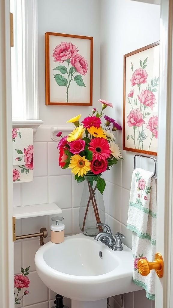 A small bathroom with floral decor including a vibrant bouquet, framed flower artwork, and floral towels.