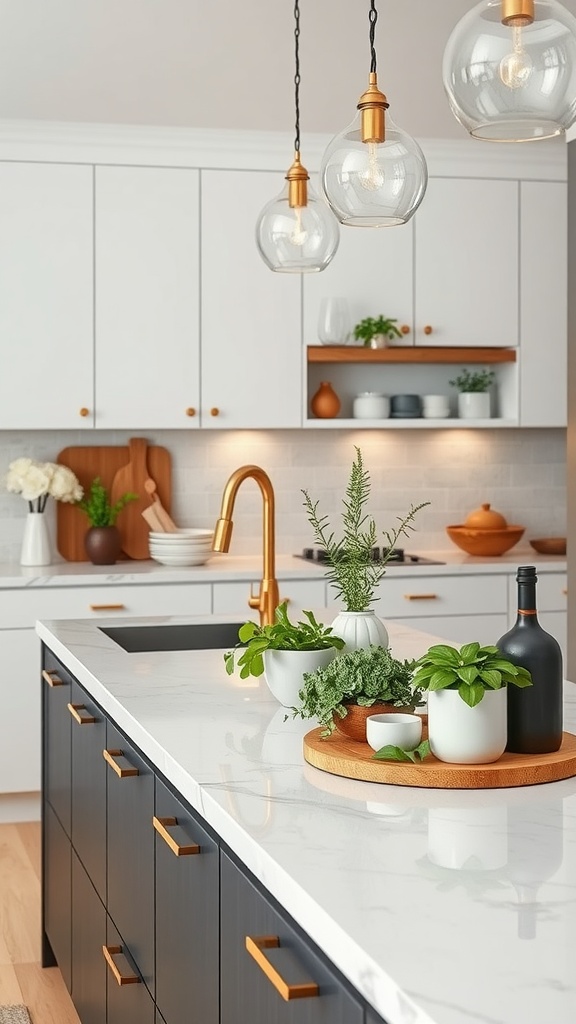 Modern kitchen with marble countertops, wooden shelves, and decorative plants