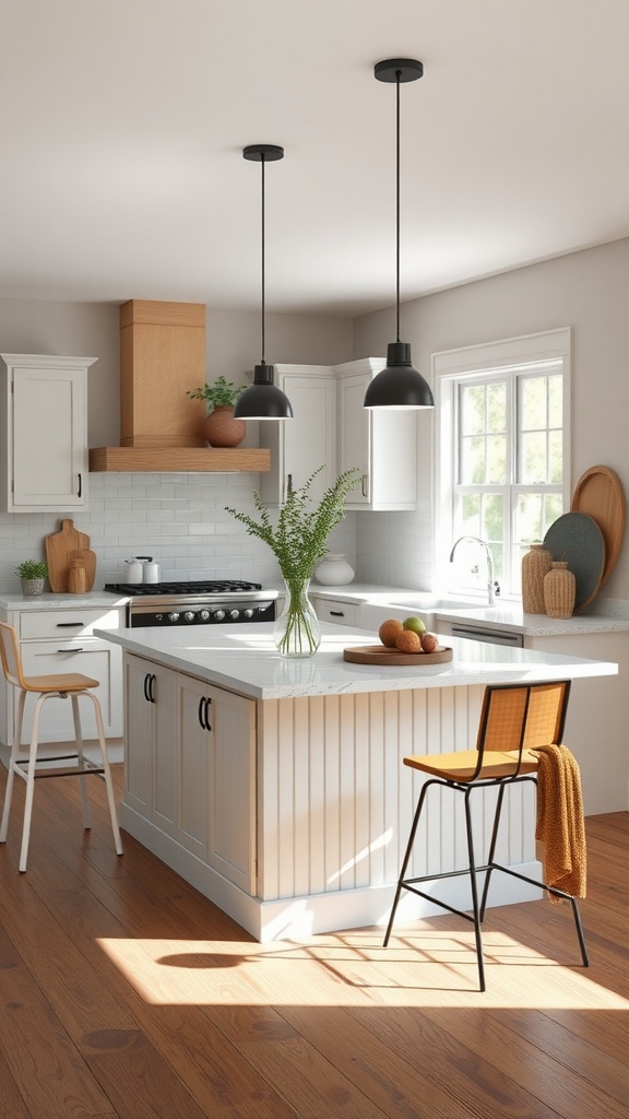 Modern kitchen with board and batten peninsula, featuring wood accents, pendant lights, and a bright atmosphere.
