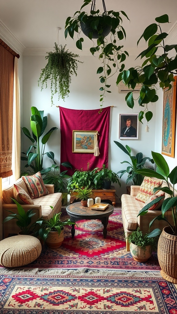 Cozy living room featuring two sofas, vibrant textiles, and numerous houseplants