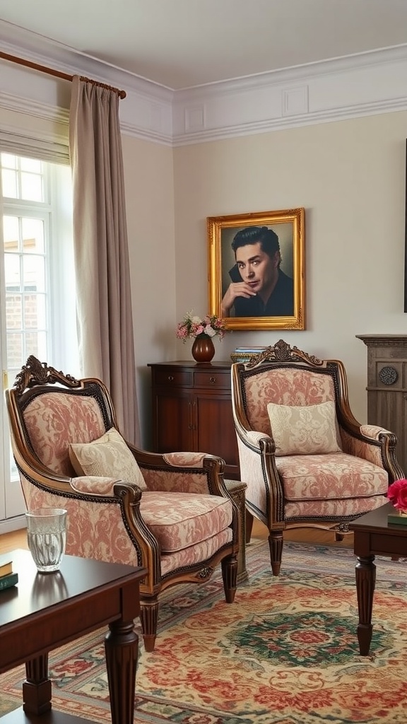 Two elegant accent chairs in a stylish living room with a vintage rug and natural light.